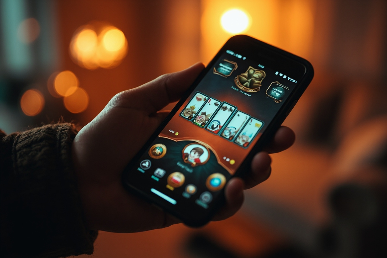 A close-up of a smartphone showing a rummy app interface, resting on a wooden tabletop beside a paper score pad.