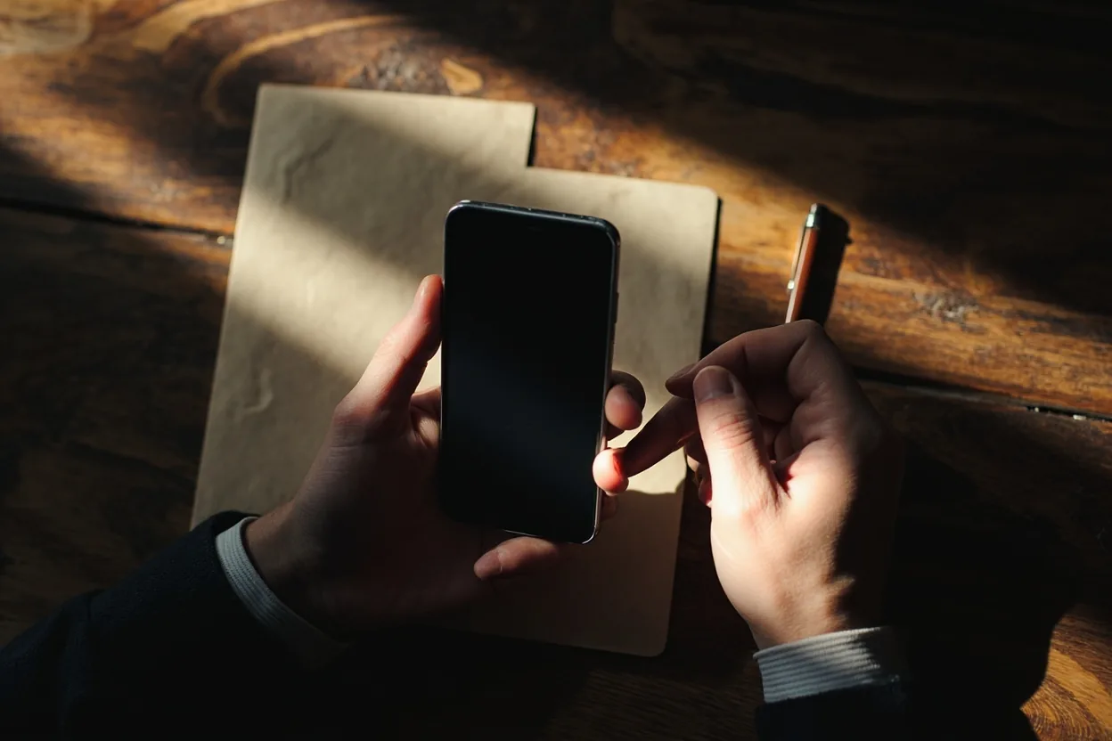 A close-up of an adult hand holding a smartphone showing a bonus code confirmation screen, on a wooden tabletop beside a paper score pad.