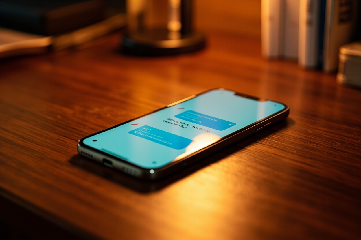 A close-up of an adult hand holding a smartphone showing a customer-care chat window, on a wooden tabletop.