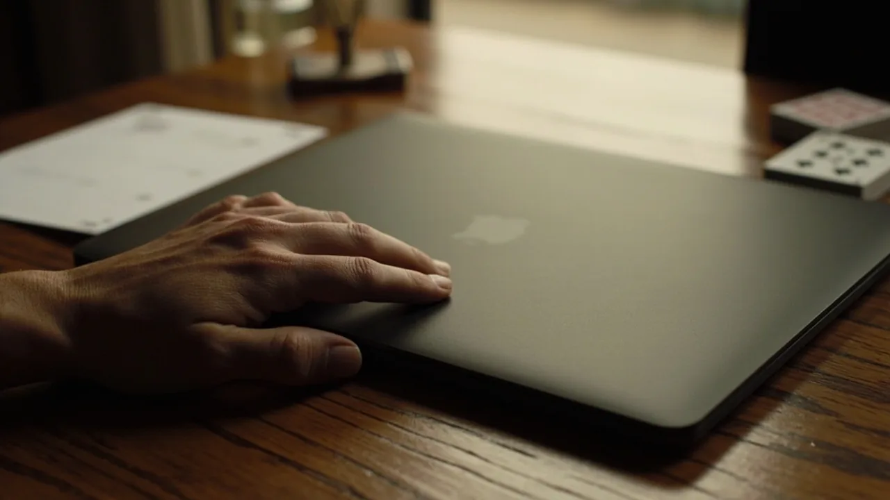 A close-up of an adult hand holding a laptop showing a download page, on a wooden tabletop.