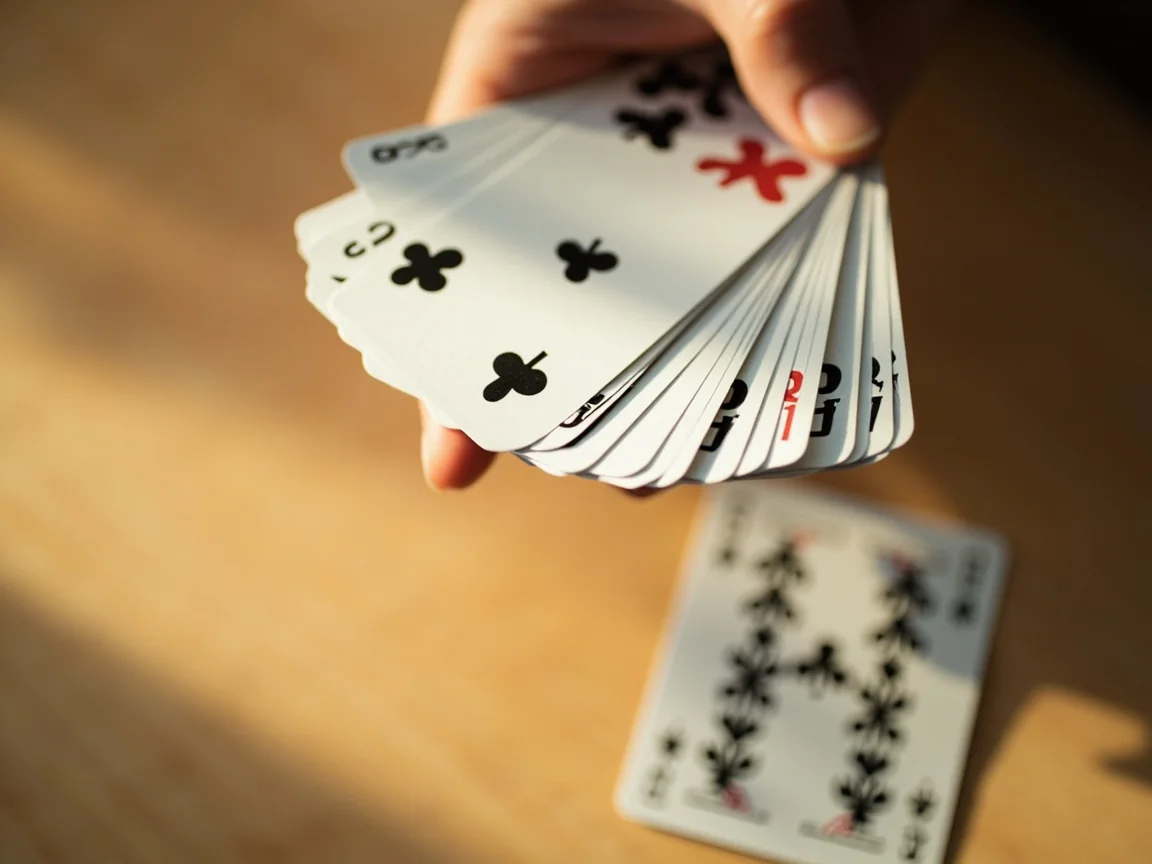 A close-up of a single joker card resting on the corner of a four-of-a-kind set of red playing cards on a wooden tabletop.
