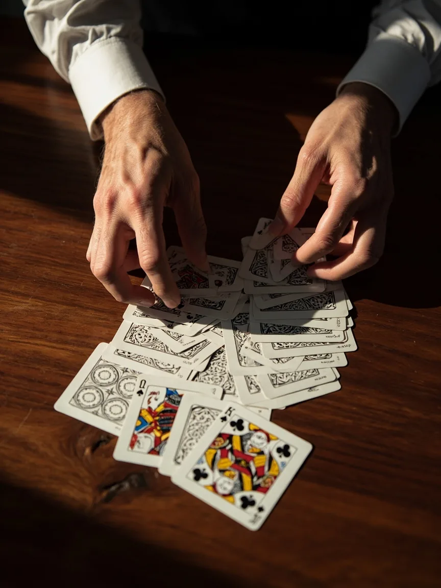 A pair of adult hands sorting a freshly dealt hand of thirteen playing cards over a wooden tabletop in soft daylight.
