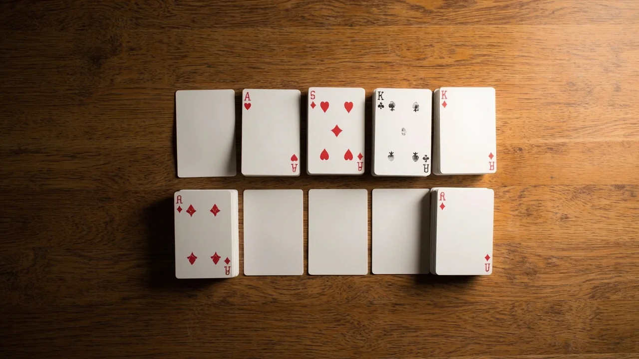 An overhead view of a wooden tabletop with a single full deck of playing cards arranged in four tidy suit-piled rows in the centre.