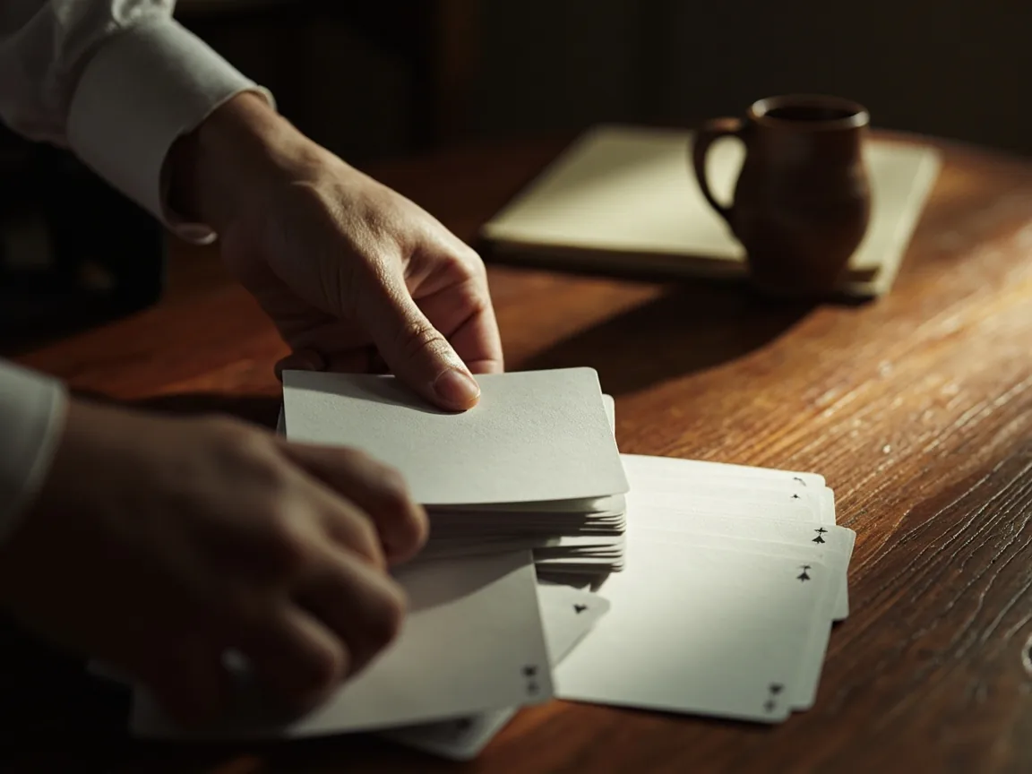 A pair of adult hands sliding one card from their hand onto the open discard pile on a wooden tabletop.