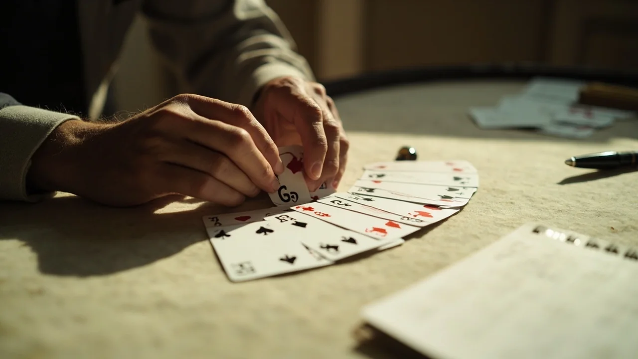 A pair of adult hands dealing thirteen cards face-down onto a wooden tabletop from a shuffled deck.