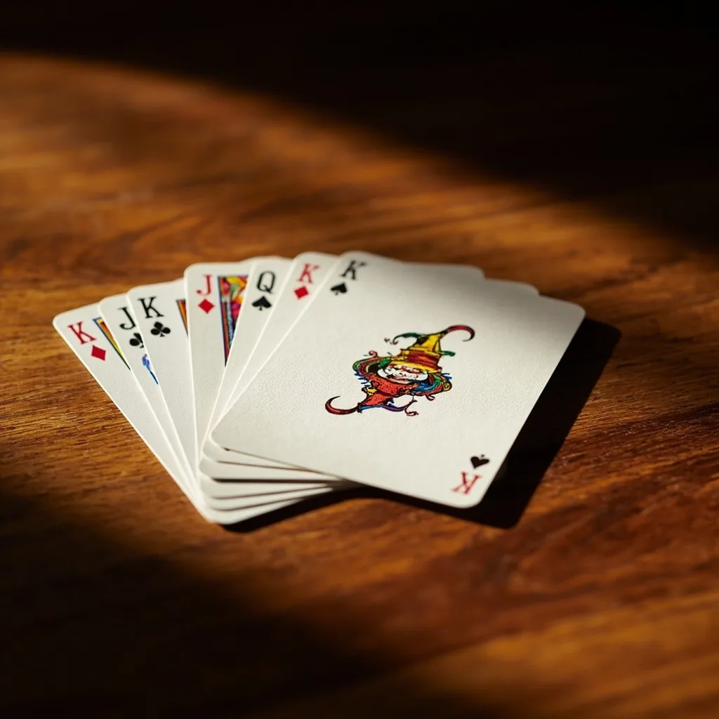 A single joker card resting on the corner of a four-of-a-kind set on a wooden tabletop.