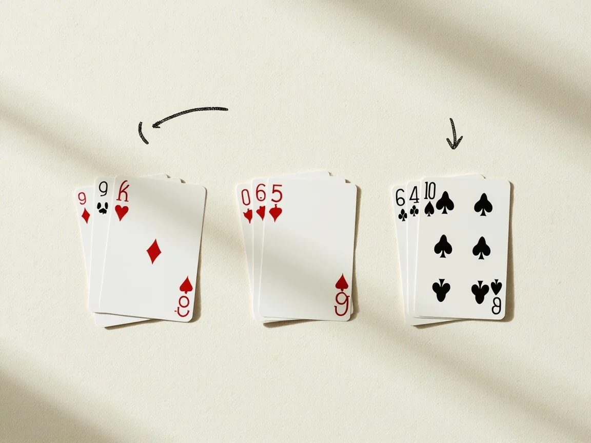 An overhead view of a finished rummy meld spread on light felt — a pure sequence, an impure sequence with a joker, and a set of three-of-a-kind.