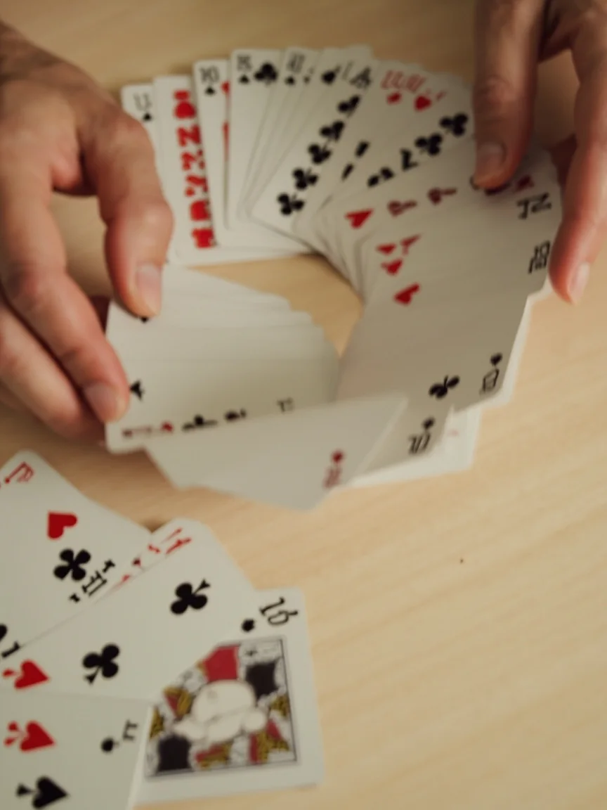 An overhead view of a shuffled deck of cards spread on a wooden tabletop with one card face-up beside it, in soft daylight.