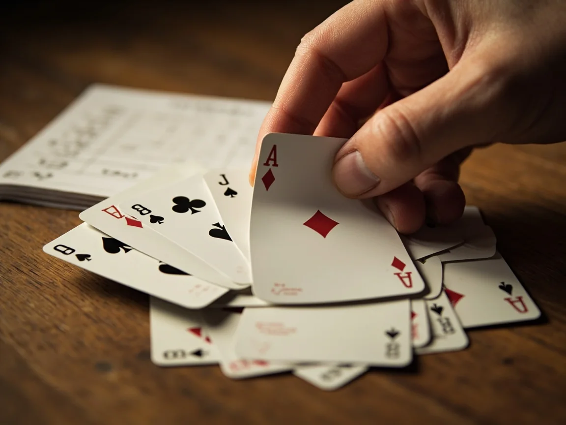 A pair of adult hands holding a fan of playing cards over a wooden discard pile in soft daylight.