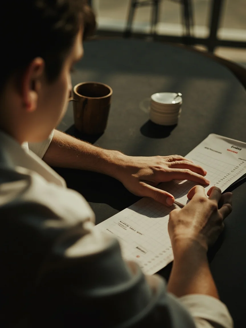 A pair of adult hands squared a deck of playing cards and resting on a closed wooden card box beside a paper score pad.
